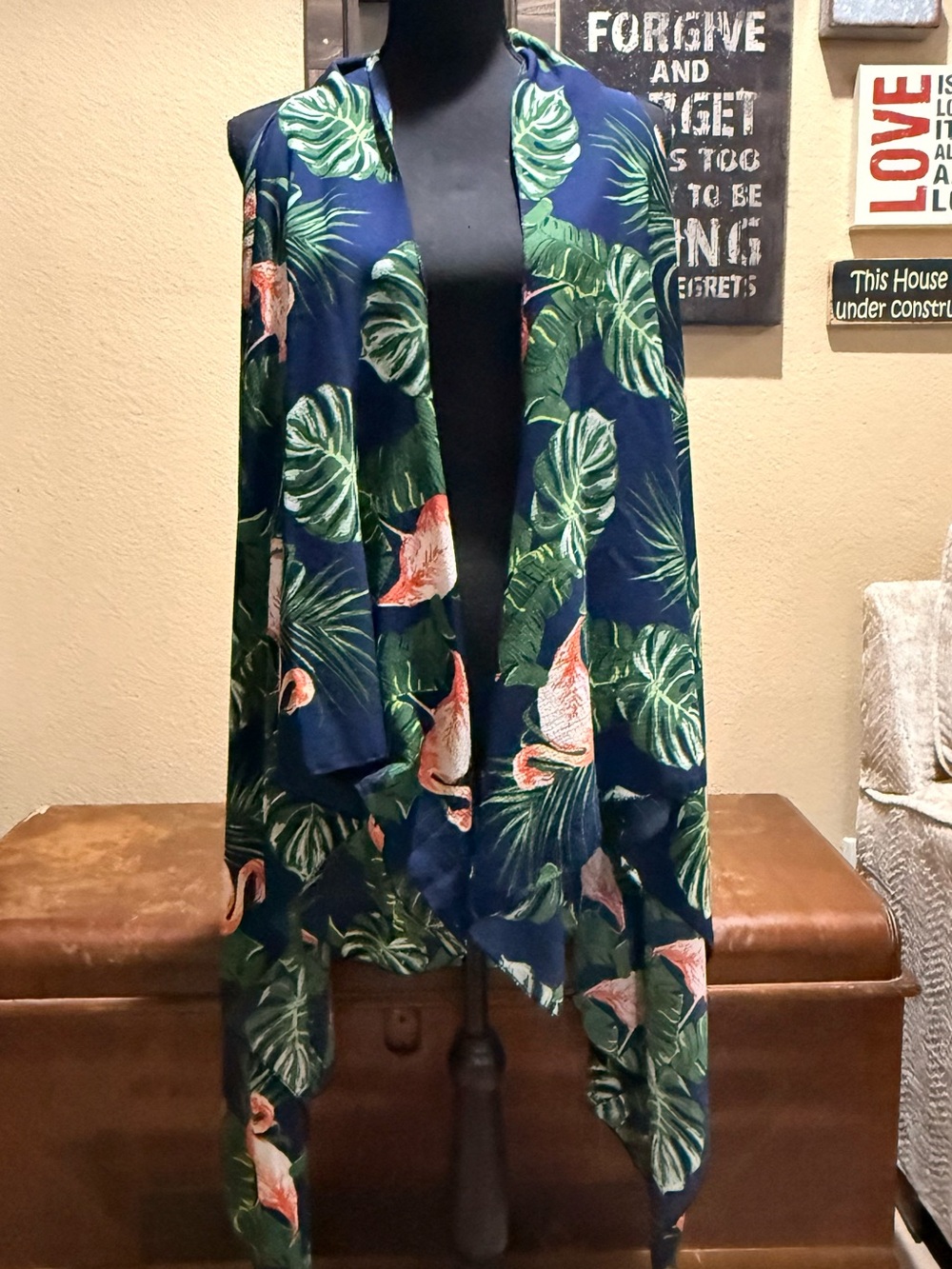 Zara Navy Tropical Leaf & Flamingo Open Drape Vest